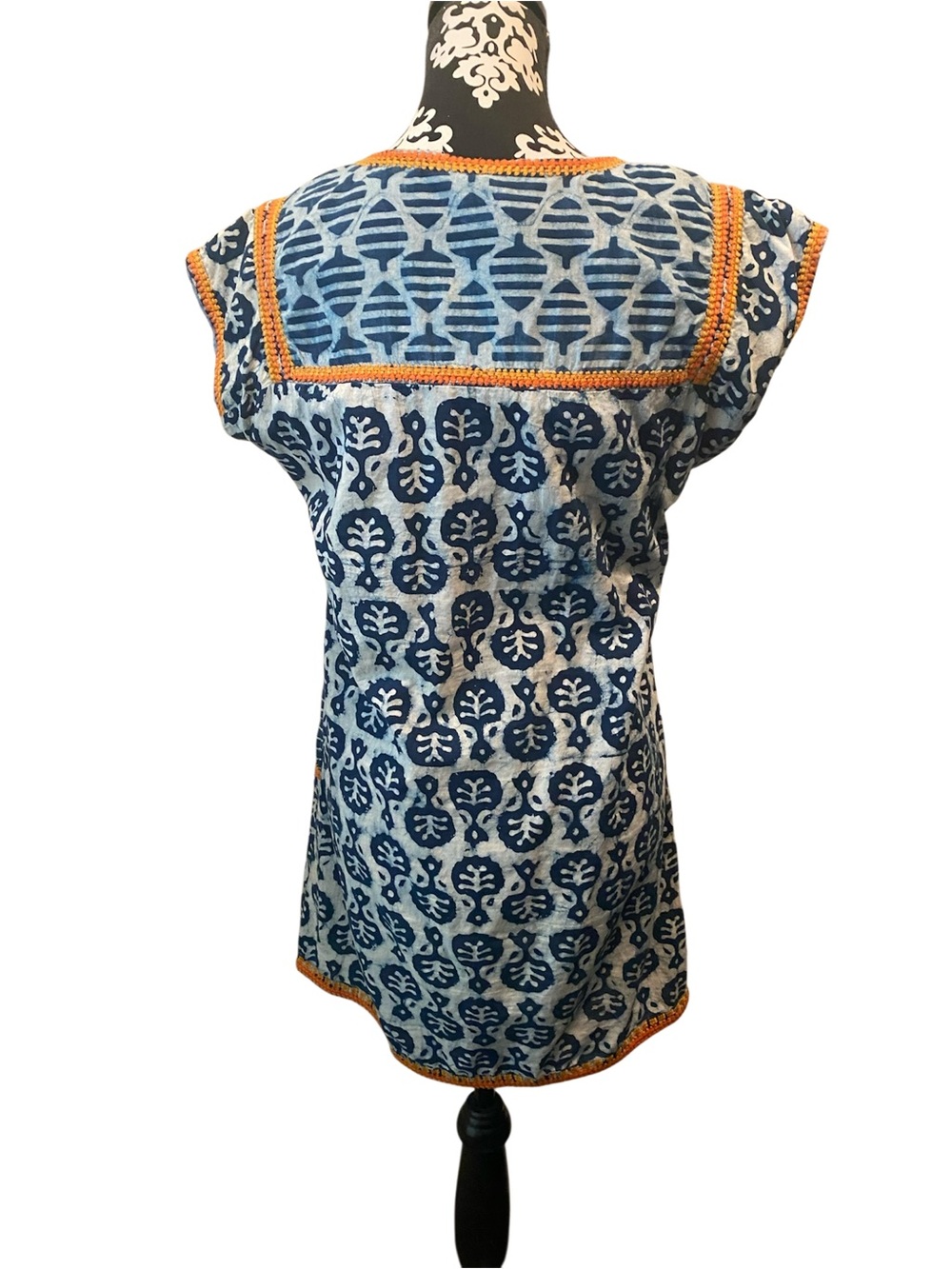 Blue and White Printed Cap-Sleeve mini dress with Orange Trim